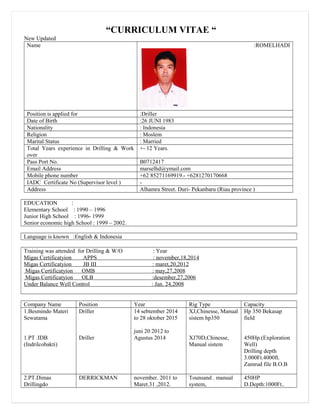 “CURRICULUM VITAE “
New Updated
Name :ROMELHADI
Position is applied for :Driller
Date of Birth :26 JUNI 1983
Nationality : Indonesia
Religion : Moslem
Marital Status : Married
Total Years experience in Drilling & Work
over
+- 12 Years.
Pass Port No. B0712417
Email Address marselhd@ymail.com
Mobile phone number +62 85271169919.- +6281270170668
IADC Certificate No (Supervisor level ) -
Address Alhamra Street. Duri- Pekanbaru (Riau province )
EDUCATION :
Elementary School : 1990 – 1996
Junior High School : 1996- 1999
Senior economic high School : 1999 – 2002.
Language is known :English & Indonesia
Training was attended for Drilling & W/O : Year
Migas Certificatyion APPS : november,18,2014
Migas Certificatyion JB III : maret,20,2012
Migas Certificatyion OMB : may,27,2008
Migas Certificatyion OLB :desember,27,2006
Under Balance Well Control : Jan. 24,2008
Company Name Position Year Rig Type Capacity
1.Besmindo Materi
Sewatama
1.PT .IDB
(Indrilcobakti)
Driller
Driller
14 sebtember 2014
to 28 oktober 2015
juni 20 2012 to
Agustus 2014
XJ,Chinesse, Manual
sistem hp350
XJ70D,Chinesse,
Manual sistem
Hp 350 Bekasap
field
450Hp.(Exploration
Well)
Drilling depth
3.000Ft.4000ft.
Zamrud file B.O.B
2.PT.Dimas
Drillingdo
DERRICKMAN november. 2011 to
Maret.31 ,2012.
Tounsand . manual
system,
450HP
D.Depth:1000Ft..
 
