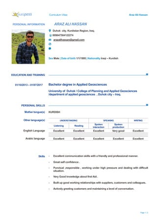 ds Curriculum Vitae Araz Ali Hassan
Page 1 / 2
PERSONAL INFORMATION ARAZ ALI HASSAN
Duhok city. Kurdistan Region, Iraq.
009647504122274
arazalihassan@gmail.com
Sex Male | Date of birth 1/1/1995 | Nationality Iraqi – Kurdish
EDUCATION AND TRAINING
PERSONAL SKILLS
01/10/2013 – 01/07/2017 Bachelor degree in Applied Geosciences
University of Duhok / College of Planning and Applied Geosciences
/department of applied geosciences , Duhok city – Iraq.
Mother tongue(s) KURDISH
Other language(s) UNDERSTANDING SPEAKING WRITING
Listening Reading
Spoken
interaction
Spoken
production
English Language Excellent Excellent Excellent Very good Excellent
Arabic language Excellent Excellent Excellent Excellent Excellent
Skills - Excellent communication skills with a friendly and professional manner.
- Great self confidence .
- Punctual ,responsible , working under high pressure and dealing with difficult
situation.
- Very Good knowledge about first Aid .
- Built up good working relationships with suppliers, customers and colleagues.
- Actively greeting customers and maintaining a level of conversation.
 