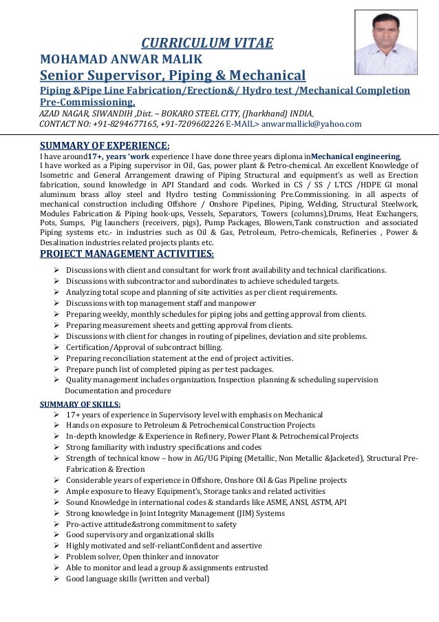 Piping Supervisor Cv Mohamad Anwar Malik