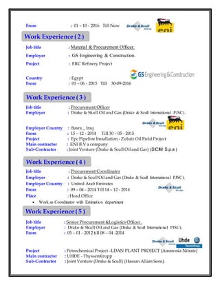From : 01 – 10 - 2016 Till Now
Job title : Material & Procurement Officer.
Employer : GS Engineering & Construction.
Project : ERC Refinery Project
Country : Egypt
From : 01 – 06 - 2015 Till 30-09-2016
Job title : Procurement Officer
Employer : Drake & Skull Oil and Gas (Drake & Scull International PJSC).
Employer Country : Basra _ Iraq
From : 15 – 12 - 2014 Till 30 – 05 - 2015
Project : Epc Pipeline Installation - Zubair Oil Field Project
Main contractor : ENI B.V a company
Sub-Contractor : Joint Venture (Drake & Scull Oil and Gas) (SICIM S.p.a )
Job title : Procurement Coordinator
Employer : Drake & Scull Oil and Gas (Drake & Scull International PJSC).
Employer Country : United Arab Emirates
From : 09 – 04 - 2014 Till 14 – 12 - 2014
Place : Head Office
 Work as Coordinator with Estimation department
Job title : Senior Procurement &Logistics Officer .
Employer : Drake & Skull Oil and Gas (Drake & Scull International PJSC).
From : 05 – 01 - 2012 till 08 – 04 -2014
Project : Petrochemical Project –LDAN PLANT PROJECT (Ammonia Nitrate)
Main contractor : UHDE - ThyssenKrupp
Sub-Contractor : Joint Venture (Drake & Scull) (Hassan Allam Sons).
Work Experience ( 5 )
)
Work Experience ( 4 )
)
Work Experience ( 3 )
)
Work Experience ( 2 )
)
 