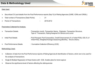 Data & Methodology Used
Data Used:


Securitized CV pool details from the Pool Performance reports (Sep’12) of Rating Agencies (CARE, ICRA and CRISIL)



Total number of Transactions (Data Points)

-

21



Period of Transactions

-

2010-2012

Parameters Collected for Analysis:


Transaction Details

: Transaction month, Transaction Name, Originator, Transaction Structure,
Type of Transaction, Rating Assigned for Seniors and Junior



Initial Pool Details

: Pool Principal, Pool Composition, Credit Enhancement (% of Initial POS), EIS (% of
Initial POS), Weighted Average Seasoning (Months), Tenure (Years)



Pool Performance Details

: Cumulative Collection Efficiency (CCE)

Methodology Used:


Collection of data from the Pool Performance reports of Rating Agencies & Identification of factors, which are to be used for

the analysis of transactions


Single & Multiple Regression of these factors with CCE, Scatter plots for trend capture



Observe the significance level of factors affecting the delinquencies

 