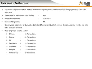 Data Used – An Overview


Securitized CV pool details from the Pool Performance reports (from Jun’ 08 to Dec’12) of Rating Agencies (CARE, ICRA
and CRISIL)



Total number of Transactions (Data Points)

-

194



Period of Transactions

-

2008-2012



Number of Originators

-

14



Quarterly data is collected for Cumulative Collection Efficiency and Quarterly Average Collection, starting from the first data
to the latest one available.



Major Originators used for Analysis


Shriram

-

58 Transactions



Magma

-

34 Transactions



AU

-

21 Transactions



Tata Motors

-

18 Transactions



Sundaram

-

13 Transactions



Religare

-

12 Transactions



Reliance Cap

-

9 Transactions

 