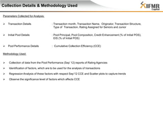 Collection Details & Methodology Used
Parameters Collected for Analysis:


Transaction Details

: Transaction month, Transaction Name, Originator, Transaction Structure,
Type of Transaction, Rating Assigned for Seniors and Junior



Initial Pool Details

: Pool Principal, Pool Composition, Credit Enhancement (% of Initial POS),
EIS (% of Initial POS)



Pool Performance Details

: Cumulative Collection Efficiency (CCE)

Methodology Used:


Collection of data from the Pool Performance (Sep’ 12) reports of Rating Agencies



Identification of factors, which are to be used for the analysis of transactions



Regression Analysis of these factors with respect Sep’12 CCE and Scatter plots to capture trends



Observe the significance level of factors which affects CCE

 