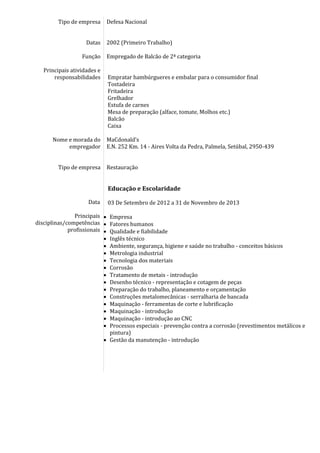 Tipo de empresa
Datas
Função
Principais atividades e
responsabilidades
Nome e morada do
empregador
Tipo de empresa
Data
Principais
disciplinas/competências
profissionais
Defesa Nacional
2002 (Primeiro Trabalho)
Empregado de Balcão de 2ª categoria
Empratar hambúrgueres e embalar para o consumidor final
Tostadeira
Fritadeira
Grelhador
Estufa de carnes
Mesa de preparação (alface, tomate, Molhos etc.)
Balcão
Caixa
MaCdonald’s
E.N. 252 Km. 14 - Aires Volta da Pedra, Palmela, Setúbal, 2950-439
Restauração
Educação e Escolaridade
03 De Setembro de 2012 a 31 de Novembro de 2013
 Empresa
 Fatores humanos
 Qualidade e fiabilidade
 Inglês técnico
 Ambiente, segurança, higiene e saúde no trabalho - conceitos básicos
 Metrologia industrial
 Tecnologia dos materiais
 Corrosão
 Tratamento de metais - introdução
 Desenho técnico - representação e cotagem de peças
 Preparação do trabalho, planeamento e orçamentação
 Construções metalomecânicas - serralharia de bancada
 Maquinação - ferramentas de corte e lubrificação
 Maquinação - introdução
 Maquinação - introdução ao CNC
 Processos especiais - prevenção contra a corrosão (revestimentos metálicos e
pintura)
 Gestão da manutenção - introdução
 