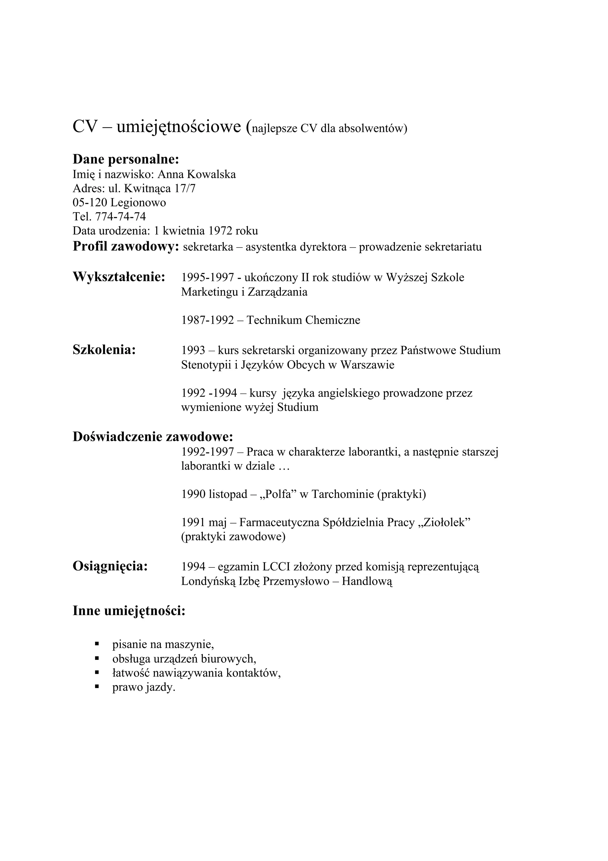 Puste Cv Cv dla absolwentów wzór | DOC