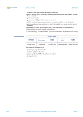 Curriculum vitae Iliya Godev
networks of peers when required for goals accomplishment;
▪ ability to plan and monitor both strategic goals accomplishment and daily tasks of teams and task-
forces managed;
▪ good negotiation skills;
▪ good command of English in both oral and written level
▪ ability to conduct simultanious and consequtive interpretation in different areas of expertise
▪ good knowledge and skills related to terms specific for the public administration and international
institutions
▪ knowledge of Bulgarian election law and ability to freely operate with its English translation
▪ adaptvie to long hours work and work under pressure
▪ underwent trainings for conflict resolution, moderation and facilitation of public forums and meetings
Digital competence SELF-ASSESSMENT
Information
processing
Communication
Content
creation
Safety
Problem
solving
Proficient user Proficient user Proficient user Independent user Independent user
Digital competences - Self-assessment grid
▪ proficiency in usage of social media
▪ abilities in digital content creation
▪ proficiency in Microsoft Office Word, Excell, Power Point
▪ basic photo editors
12/2/17 © European Union, 2002-2017 | http://europass.cedefop.europa.eu Page 5 / 5
 