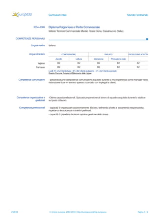 Curriculum vitae Murolo Ferdinando
2004–2009 Diploma Ragioniere e Perito Commerciale
Istituto Tecnico Commerciale Manlio Rossi Doria, Casalnuovo (Italia)
COMPETENZE PERSONALI
Lingua madre italiano
Lingue straniere COMPRENSIONE PARLATO PRODUZIONE SCRITTA
Ascolto Lettura Interazione Produzione orale
inglese B2 B2 B2 B2 B2
francese B2 B2 B2 B2 B2
Livelli: A1 e A2: Utente base - B1 e B2: Utente autonomo - C1 e C2: Utente avanzato
Quadro Comune Europeo di Riferimento delle Lingue
Competenze comunicative - possiedo buone competenze comunicative acquisite durante la mia esperienza come manager nella
ristorazione dove mi trovavo spesso a contatto con impiegati e clienti;
Competenze organizzative e
gestionali
-Ottime capacità relazionali. Spiccata propensione al lavoro di squadra acquisita durante lo studio e
sul posto di lavoro.
Competenze professionali - capacità di organizzare autonomamente il lavoro, definendo priorità e assumendo responsabilità,
rispettando le scadenze e obiettivi prefissati.
- capacità di prendere decisioni rapide e gestione dello stress .
29/9/19 © Unione europea, 2002-2019 | http://europass.cedefop.europa.eu Pagina 3 / 4
 