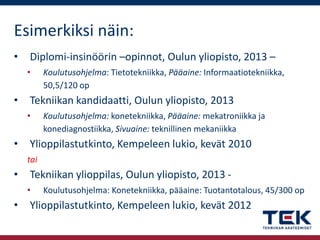 Esimerkiksi näin:
•

Diplomi-insinöörin –opinnot, Oulun yliopisto, 2013 –
•

•

Tekniikan kandidaatti, Oulun yliopisto, 2013
•

•

Koulutusohjelma: Tietotekniikka, Pääaine: Informaatiotekniikka,
50,5/120 op
Koulutusohjelma: konetekniikka, Pääaine: mekatroniikka ja
konediagnostiikka, Sivuaine: teknillinen mekaniikka

Ylioppilastutkinto, Kempeleen lukio, kevät 2010
tai

•

Tekniikan ylioppilas, Oulun yliopisto, 2013 •

•

Koulutusohjelma: Konetekniikka, pääaine: Tuotantotalous, 45/300 op

Ylioppilastutkinto, Kempeleen lukio, kevät 2012

 