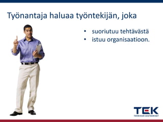 Työnantaja haluaa työntekijän, joka
• suoriutuu tehtävästä
• istuu organisaatioon.

 