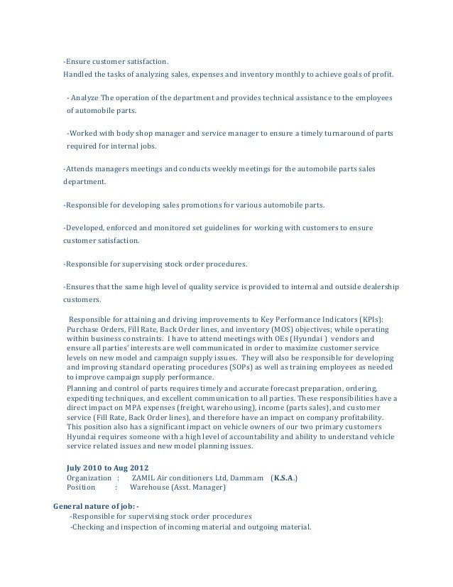 Cv For spare parts manager