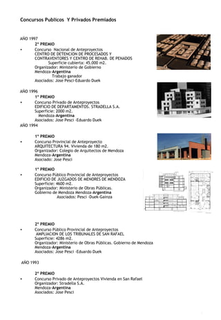 AÑO 1997 2º PREMIO   Concurso  Nacional de Anteproyectos    CENTRO DE DETENCION DE PROCESADOS Y  CONTRAVENTORES Y CENTRO DE REHAB. DE PENADOS   Superficie cubierta: 45.000 m2.  Organizador: Ministerio de Gobierno  Mendoza- Argentina   Trabajo ganador  Asociados: Jose Pesci-Eduardo Duek AÑO 1996 1º PREMIO   Concurso Privado de Anteproyectos  EDIFICIO DE DEPARTAMENTOS. STRADELLA S.A.  Superficie: 2000 m2.  Mendoza- Argentina   Asociados: Jose Pesci -Eduardo Duek AÑO 1994 1º PREMIO   Concurso Provincial de Anteproyecto    ARQUITECTURA 94. Vivienda de 180 m2.  Organizador: Colegio de Arquitectos de Mendoza  Mendoza- Argentina   Asociado: Jose Pesci  1º PREMIO Concurso Público Provincial de Anteproyectos  EDIFICIO DE JUZGADOS DE MENORES DE MENDOZA   Superficie: 4600 m2.   Organizador: Ministerio de Obras Públicas.  Gobierno de Mendoza Mendoza- Argentina   Asociados: Pesci -Duek-Gainza    2º PREMIO Concurso Público Provincial de Anteproyectos  AMPLIACION DE LOS TRIBUNALES DE SAN RAFAEL   Superficie: 4286 m2.   Organizador: Ministerio de Obras Públicas. Gobierno de Mendoza Mendoza- Argentina   Asociados: Jose Pesci -Eduardo Duek   AÑO 1993 2º PREMIO   Concurso Privado de Anteproyectos Vivienda en San Rafael Organizador: Stradella S.A.  Mendoza- Argentina   Asociados: Jose Pesci   Concursos Publicos  Y Privados Premiados 