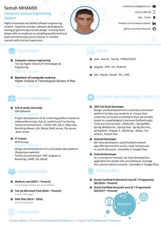 Semah MHAMDI
Computer science engineering
student
Highly motivated and skilled software engineering
student . Expertise includes software development,
testing,programming and web design. A strong team
player with an emphasis on providing quality technical
work and technically sound solution in a timely
manner with minimal supervision .
mhamdi.semah@gmail.com
+216 52 589 476
Sfax , Tunisia
linkedin.com/in/semah-mhamdi
github.com/mhamdisemah
EDUCATION
Computer science engineering
Tek-Up Higher School of Technologies &
Engineering
09/2016 – Present
Bachelor of computer science
Higher Institute of Technological Studies of Sfax
09/2013 – 06/2016
SKILLS
Java , Java EE , Spring , HTML/CSS/JS
Angular , PHP , C# , Android
SQL , Mysql , Oracle , Git , UML
WORK EXPERIENCE
End of study internship
EMI Software
01/2016 – 05/2016
Project development of an e-learning platform based on
videoconferencing, chat, pc control and fi le sharing.
Technical environment : J AVA/J 2EE, Ejb 3, Hibernate,
Bootstrap,Maven, Git, Mysql, Red5 server, Ftp server,
Jboss server
IT Trainee
MTD Group
01/2015 – 02/2015
Design and development of a real estate sales platform
(Responsive website)
Technical environment: PHP, AngularJ S,
Bootstrap, LAMP, Git, Mysql
STUDENT AND PERSONAL PROJECTS
J2EE Full Stack Developer
Design and development of a university orientation
platform to help new students to choose their
university curriculum according to their personality
based on a psychological treatment (Holland code)
Technical environment : JAVA/J2EE , Spring MVC ,
Spring WebService , Spring Data , Spring Security ,
spring Boot , Angular 5 , Bootstrap , Mysql , Git ,
Jenkins , Amzon Aws
Android Developer
We have developed a social football network
app offering real time scores, news reviews and
in-match discussion. (Available in Google Play)
Android Developer
As a concept to innovate, we have developedan
application for people who are looking to recharge
their phones balance smartly . (Available in Google Play)
ORGANIZATIONS
Medium.com (2017 – Present)
Technology Writer for AndroidPub
Tek-Up Microsoft Club (2016 – Present)
Events Manager
GDG Sfax (2014 – 2016)
Active Members
CERTIFICATES
Oracle Certified Professional Java SE 7 Programmer
(05/2018 – Present)
INTERESTS
LANGUAGES
( Arabic Native ) ( French Full Professional Proficiency ) ( English Full Professional Proficiency )
Oracle Certified Associate Java SE 7 Programmer
(05/2017 – Present)
 