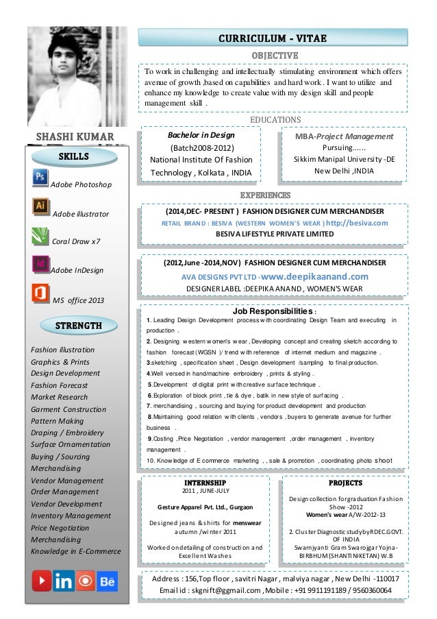 cv shashi kumar fashion designer cum merchandiser resume for fashion designer