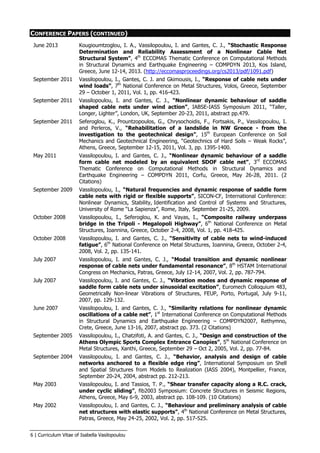6 | Curriculum Vitae of Isabella Vasilopoulou
PUBLICATIONS IN SCIENTIFIC JOURNALS (CONTINUED)
May 2017 Vassilopoulou, I., Petrini, F. and Gantes, C. J., “Nonlinear dynamic behavior of
cable nets subjected to wind loading”, Structures, 2017, Vol. 10, pp. 170-183,
(http://dx.doi.org/10.1016/j.istruc.2017.03.004).
March 2016 Vassilopoulou, I. and Gantes, C. J., “Influence of a Deformable Contour Ring on
the Nonlinear Dynamic Response of Cable Nets”, Structures, 2016, Vol. 6, pp.
146-158. (http://dx.doi.org/10.1016/j.istruc.2016.02.007)
December 2014 Prountzopoulos, G., Fortsakis, P., Seferoglou, K., Chrysochoidis, F., Vassilopoulou, I.
and Perleros, V., “Assessment of failure mechanism and rehabilitation of a
landslide within marly formations in ΝW Greece - From the site investigation
to the geotechnical design”, Geotechnical and Geological Engineering, Special
issue: Special Topics on Hard Soils and Weak Rock, Springer Netherlands, 2014, Vol.
32, Issue 6, pp 1485-1502.
(http://link.springer.com/article/10.1007%2Fs10706-014-9729-8)
October 2012 Vassilopoulou, I. and Gantes, C. J., “Nonlinear dynamic phenomena in a SDOF
model of cable net”, Archive of Applied Mechanics, 2012, Vol. 82, Issue 10-11, pp.
1689-1703.
(http://www.springerlink.com/openurl.asp?genre=article&id=doi:10.1007/s00419-012-
0660-2) (2 Citations)
October 2011 Vassilopoulou, I. and Gantes, C. J., “Nonlinear dynamic behavior of saddle form
cable nets under uniform harmonic load”, Engineering Structures, 2011, Vol. 33,
Issue 10, pp. 2762-2771. (http://dx.doi.org/10.1016/j.engstruct.2011.06.001) (9
Citations)
January 2010 Vassilopoulou, I. and Gantes, C. J., “Vibration modes and natural frequencies of
saddle form cable nets”, Computers and Structures, 2010, Vol. 88, Issues 1-2, pp.
105-119. (http://dx.doi.org/10.1016/j.compstruc.2009.07.002) (13 Citations)
March 2005 Vassilopoulou, I. and Gantes, C. J., “Cable nets with elastically deformable edge
ring”, International Journal of Space Structures, 2005, Vol. 20, Number 1, pp. 15-34.
(http://multi-science.metapress.com/content/q1x15u7472750887,
http://journals.sagepub.com/doi/pdf/10.1260/0266351054214353) (1 citation)
CONFERENCE PAPERS
October 2016 Vassilopoulou, I. and Seferoglou, K., “Design of temporary deep foundation and
monitoring for the erection of an arched bridge over an active landslide”, 5th
International Workshop on Design in Civil and Environmental Engineering (DCEE2016),
University of Rome “La Sapienza”, Rome, Italy, October 6-8, 2016.
(https://www.docdroid.net/v8TOZdM/d1s2p2-vassilopoulou.pdf.html)
(http://www.dcee2016.eu/documents/program.pdf)
October 2014 Kaimenaki, V., Vassilopoulou, I., Gantes, C. J. and Bouckovalas, G. D., “Assessment
of sensitivity of an arched steel bridge to imposed horizontal soil
displacements”, 8th
National Conference on Metal Structures, Tripoli, Greece,
October 02-04, 2014.
(http://eeme.ntua.gr/proceedings/8th/Papers/P045_PAP_Kaimenaki.pdf)
August 2014 Sextos, A., Psilla, N., Psycharis, I., Kappos, A., Taskari, O., Vassilopoulou, I., Mylona,
E. Gantes, C. and Bouckovalas, G., “Performance criteria for bridges designed
with spread footing on liquefiable soils”, 2nd
European Conference on Earthquake
Engineering and Seismology, Istanbul, Turkey, August 25-29, 2014.
(http://www.eaee.org/Media/Default/2ECCES/2ecces_ss/1038.pdf)
April 2014 Psychari, A., Vassilopoulou, I. and Gantes, C. J., “Sensitivity of a steel arch road
bridge to imposed foundation displacements and rotations”, Civil Engineering
for Sustainability and Resilience, International Conference – CESARE 14, Amman,
Jordan, April 24-27, 2014.
June 2013 Kougioumtzoglou, I. A., Vassilopoulou, I. and Gantes, C. J., “Stochastic Response
Determination and Reliability Assessment of a Nonlinear Cable Net
Structural System”, 4th
ECCOMAS Thematic Conference on Computational Methods
in Structural Dynamics and Earthquake Engineering – COMPDYN 2013, Kos Island,
Greece, June 12-14, 2013. (http://eccomasproceedings.org/cs2013/pdf/1091.pdf)
 