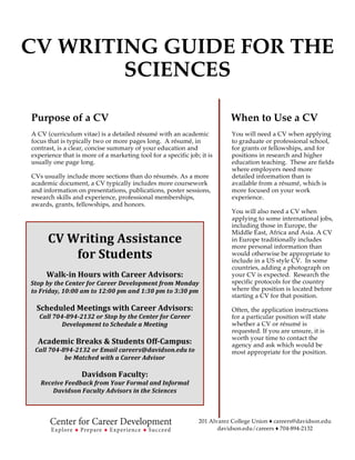   	
   	
  
	
  
201 Alvarez College Union ♦ careers@davidson.edu
davidson.edu/careers ♦ 704-894-2132
CV WRITING GUIDE FOR THE
SCIENCES
Purpose of a CV
A CV (curriculum vitae) is a detailed résumé with an academic
focus that is typically two or more pages long. A résumé, in
contrast, is a clear, concise summary of your education and
experience that is more of a marketing tool for a specific job; it is
usually one page long.
CVs usually include more sections than do résumés. As a more
academic document, a CV typically includes more coursework
and information on presentations, publications, poster sessions,
research skills and experience, professional memberships,
awards, grants, fellowships, and honors.
When to Use a CV
You will need a CV when applying
to graduate or professional school,
for grants or fellowships, and for
positions in research and higher
education teaching. These are fields
where employers need more
detailed information than is
available from a résumé, which is
more focused on your work
experience.
You will also need a CV when
applying to some international jobs,
including those in Europe, the
Middle East, Africa and Asia. A CV
in Europe traditionally includes
more personal information than
would otherwise be appropriate to
include in a US style CV. In some
countries, adding a photograph on
your CV is expected. Research the
specific protocols for the country
where the position is located before
starting a CV for that position.
Often, the application instructions
for a particular position will state
whether a CV or résumé is
requested. If you are unsure, it is
worth your time to contact the
agency and ask which would be
most appropriate for the position.
	
  
CV	
  Writing	
  Assistance	
  	
  
for	
  Students	
  
	
  
Walk-­‐in	
  Hours	
  with	
  Career	
  Advisors:	
  
Stop	
  by	
  the	
  Center	
  for	
  Career	
  Development	
  from	
  Monday	
  
to	
  Friday,	
  10:00	
  am	
  to	
  12:00	
  pm	
  and	
  1:30	
  pm	
  to	
  3:30	
  pm	
  
	
  
Scheduled	
  Meetings	
  with	
  Career	
  Advisors:	
  
Call	
  704-­‐894-­‐2132	
  or	
  Stop	
  by	
  the	
  Center	
  for	
  Career	
  
Development	
  to	
  Schedule	
  a	
  Meeting	
  
	
  
Academic	
  Breaks	
  &	
  Students	
  Off-­‐Campus:	
  
Call	
  704-­‐894-­‐2132	
  or	
  Email	
  careers@davidson.edu	
  to	
  
be	
  Matched	
  with	
  a	
  Career	
  Advisor	
  
	
  
Davidson	
  Faculty:	
  
Receive	
  Feedback	
  from	
  Your	
  Formal	
  and	
  Informal	
  
Davidson	
  Faculty	
  Advisors	
  in	
  the	
  Sciences	
  
	
  
	
  
 