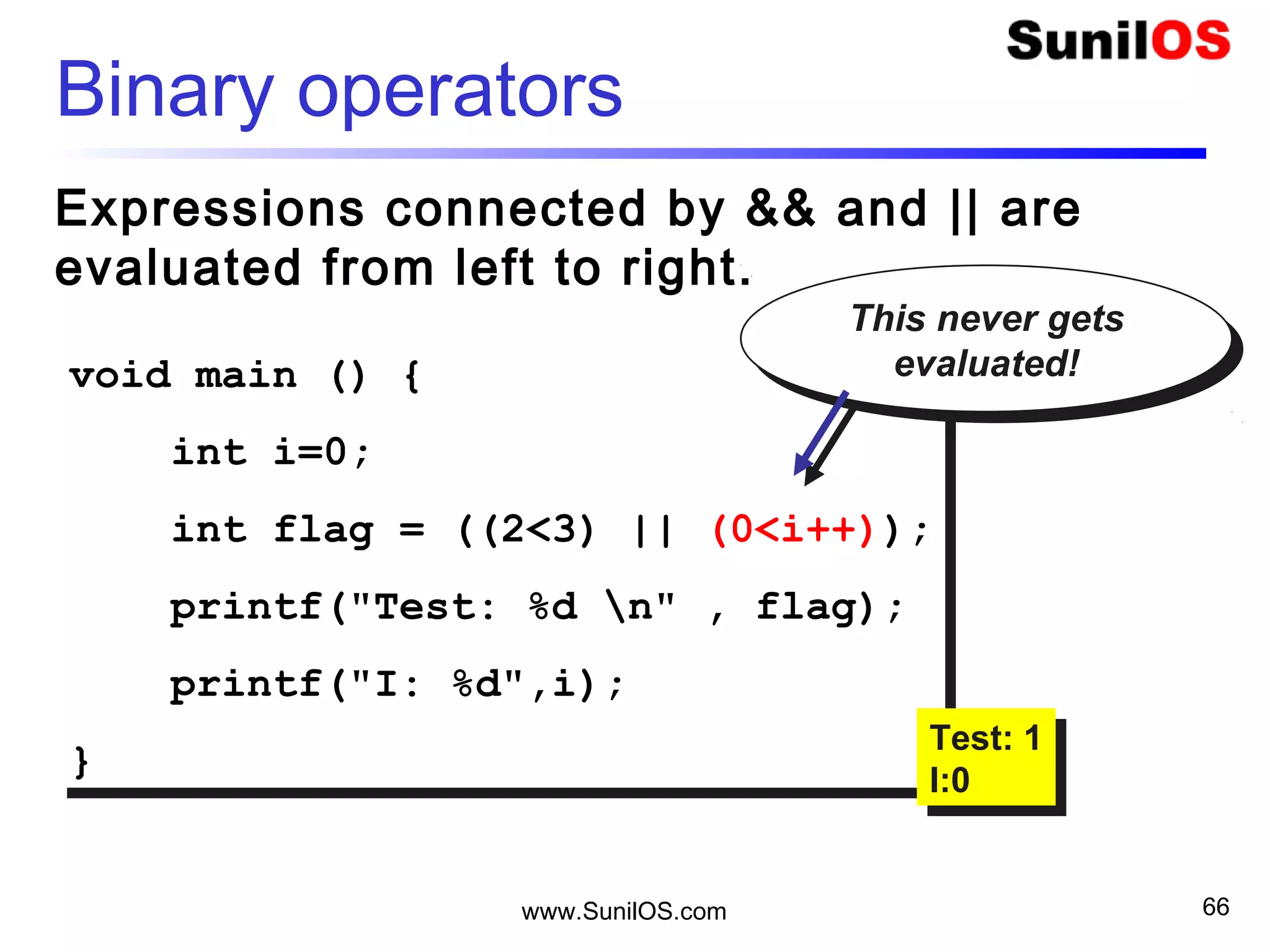 www.SunilOS.com 66
Binary operators
Expressions connected by && and || are
evaluated from left to right.
void main () {
int i=0;
int flag = ((2<3) || (0<i++));
printf("Test: %d n" , flag);
printf("I: %d",i);
}
void main () {
int i=0;
int flag = ((2<3) || (0<i++));
printf("Test: %d n" , flag);
printf("I: %d",i);
} Test: 1
I:0
Test: 1
I:0
This never gets
evaluated!
This never gets
evaluated!
 