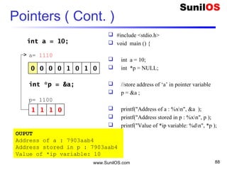 Pointers ( Cont. )
 #include <stdio.h>
 void main () {
 int a = 10;
 int *p = NULL;
 //store address of ‘a’ in pointer variable
 p = &a ;
 printf("Address of a : %xn", &a );
 printf("Address stored in p : %xn", p );
 printf("Value of *ip variable: %dn", *p );
 }
www.SunilOS.com 88
0 0 00 1 010
int a = 10;
a= 1110
int *p = &a;
1 011
p= 1100
OUPUT
Address of a : 7903aab4
Address stored in p : 7903aab4
Value of *ip variable: 10
 