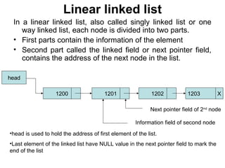 Linear linked list
In a linear linked list, also called singly linked list or one
way linked list, each node is divided into two parts.
• First parts contain the information of the element
• Second part called the linked field or next pointer field,
contains the address of the next node in the list.
head
1200 1201 1202 1203 X
Next pointer field of 2nd
node
Information field of second node
•head is used to hold the address of first element of the list.
•Last element of the linked list have NULL value in the next pointer field to mark the
end of the list
 