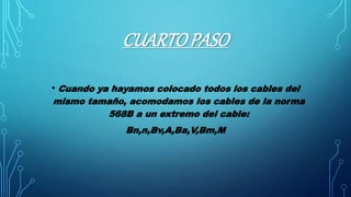 CUARTOPASO
• Cuando ya hayamos colocado todos los cables del
mismo tamaño, acomodamos los cables de la norma
568B a un extremo del cable:
Bn,n,Bv,A,Ba,V,Bm,M
 