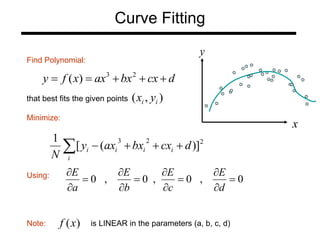 Curve Fitting
y
x
Find Polynomial:
that best fits the given points
Minimize:
Using:
Note: is LINEAR in the parameters (a, b, c, d)
)
,
( i
i y
x
d
cx
bx
ax
x
f
y 



 2
3
)
(
 



i
i
i
i
i d
cx
bx
ax
y
N
2
2
3
)]
(
[
1
0
,
0
,
0
,
0 











d
E
c
E
b
E
a
E
)
(x
f
 