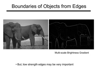 Boundaries of Objects from Edges
Multi-scale Brightness Gradient
• But, low strength edges may be very important
 