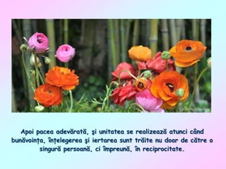 Apoi pacea adevărată, şi unitatea se realizează atunci când
bunăvoinţa, înţelegerea şi iertarea sunt trăite nu doar de către o
singură persoană, ci împreună, în reciprocitate.

 