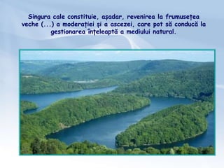 Singura cale constituie, așadar, revenirea la frumusețea
veche (...) a moderației și a ascezei, care pot să conducă la
gestionarea înțeleaptă a mediului natural.
 