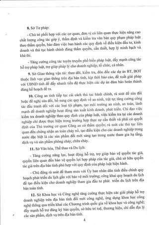 8. SO Tu PhSP:
_ cht tri ph6i hqp vor citc co quan, dcrn vi c6 1i6n quan thgc hion n6ng cao
ch6t 1;; c6ng t6c gop y, tham dinh vd kiOm tra vdn bin quy pham ph6p 1u0t
theo tham quyor, b6o d6m viec ban henh c6c quy dinh vo aio, kiQn dau tu, kinh
doanh vd thri tpc hdnh chinh dung thAm q.ryon, cAn thi5t, hqp ly minh bpch vd
kha thi.
- T6ng cudng c6ng t6c tuy6n truydn ph6 bi6n ph?p luflt, ddy mpnh c6ng t6c
h5 trq ph6p luft, trg giup ph6p ly cho doanh nghiQp, tO chuc, c6 nh6n'
9. s6' Giao th6ng van tiri: theo d6i, kiOm tra, d6n d6c c6c dg 6n BT, Bor
thuQc linh vuc giao th6ng tr6n dia bdn tinh, kfp thoi b6o c6o, d0 xu6t grhi ph6p
voi IIBND ,ijOo dary rrr,unr, titin dQ thgc hiQn c6c dg in dtm b6o hodn thenh
dirng k6 hoach dd ra.
10. c6ng an tinh ti6p tpc chi c6ch thu tuc hdnh chinh, rd so6t d6 sua d6i
hoflc ae rgrri"rru d6i, b6 sung c6c quy dinh r'0 un ninh, tr?t tu; tdng cu]ng cong
t6c diutranh d6i v6i c6c 10pi toi ph?m, t40 m6i trulng an ninh, an todn, lenh
manh d0 doanh nghiQp hoat dong s6n xuat kinh doanh, olil tri6n. chi dao viQc
kiem tra doanh nghiQp theo quy dinh cua ph6p luflt, viQc ki6m tra tqr c6c doanh
nghiQp chi dugc thgc hiqn trong trubng hqp thgc sg cAn thiot vd phai c6 quytit
dinh cria Thi] truong co quan c6ng an c6 th6m quycr; rd so6t c6c thu tuc 1i0n
quan d6n chrmg nh6n an todn chiry n6, tpo diAu kiQn cho c6c doanh nghiep trong
nu6c dac biet ld c6c s6n ,nA* o"oi *oi s6ng tao trong nudc tham gia hp tAng,
dich vu vir s6n phAm phdng ch6y, chira ch6ry '
11. Sd Vdn h6a,Th6 thao vlr Du lfch:
- T6ng cuong n[ng ruc, ho.t d0ng hd trg, trg giup bao vo quyain t6c gie,
x r: r-- quan d6n ba; re o*On lqi hqp ph6p ctra thc gitt' chir sd hiru q'yAn
quyen llen
tdc gitttr6n dia bdn tinh phn hqrp voi quy dinh crtaph6p 1u0t hion hanh.
- Cht d6ng rlr soft d6 tham mrru vcri uy ban nhan ddn tinh di6u chinh quy
hopch phSt trio; du [ch ggnv6i b6o vq m6i trucrng; c6ng k]rai quy ho?ch du lich
d6 tao diAu kiqn cho doanh nghiQp tham gia dAu tu ph6t tri6n du lich tron dia
bdn todn tinh.
12. s6, Khoa hqc vlr c6ng ngle t6ng cudrng thpc hien c6c gtbi ph6p h5 trq
doanh nghiQp tr6n dia bdn tinh d6i moi c6ng nghe' lmg dung khoa hQc t:":
nghe th6ng;" tri6n khai c6c Chucrng trinh quOc gia va khoa hgc vd c6ng nghe;
devmanh hd trg d6ng o, oi, quydn, s0 hiru tri tuQ, thucrng hiQu, chi dan dfa lf
c6c s6n phAm, dich vp trOn dia bdn tinh'
4
 