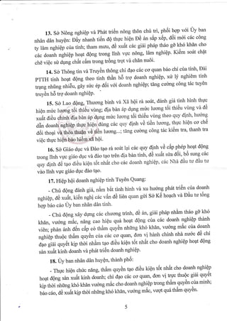 13. 56 N6ng nghiQp vd phSt tritin n6ng th6n chir tri, ph6i hqp voi uy ban
nh6n dan huyQn:bAv ,rrrurr, ti6n d0 thuc hiQn pa 6n rap *cp, doi mcvi c5c c6ng
ty 16m nghiQp ctra tinh; tham mlru, d0 xuAt citc gibi ph6p th6o gd kh6 khin cho
cic doanh nghiQp ho4t dong trong linh vuc n6ng, 16m nghiQp. Ki6m soSt chpt
ch6 viQc str dUng chdt cSmtrong trdng trqt vd chdn nu6i'
14. s6 Th6ng tin vd Truydn th6ng chi dao c6c co quan b6o chi ctra tinh, Dei
pTTH tinh ho4t dqng theo tinh thAn h5 trq doanh nghiQp, xtr l1f nghiom tinh
trqngnhflng nhi6u, edy sric 6p d6i v6i doanh nghiQp; t6ng culng c6ng t6c tuyon
truydn h5 trq doanh nghiQP'
15. s6 Lao dqng, Thuong binh vd X6 hOi rd so6t, d6nh gi6 tinh hinh thuc
hiQn muc r*orrg t6i ttiau virng ; diabdn 6p dpng mric luong toi trriou vtng vd dA
"*5t
di6u chinh dia bdn 5p dpng mirc luong toi thiou vr)ng theo quy dinh, huong
d6n doanh nghiQp thpc hiqn dirng .6" qry:dinh va ti6n lucrng, thqc hiQn co ch5
d6i thoai vlr th6a thuQn vA ti6n t*orrg..., tdng cudng c6ng t6c ki6m tra, thanh tra
viQc thgc hiQn b6o hi0m xd hOi'
16. 56 Gi5o duc vd Edo t4o rd so6t lai citc quy dinh rl0 cap ph6p hopt dOng
trong linh vuc gifnduc vd dlro tpo trOn dia bdn tinh, d0 xu6t sua d6i, bo sung c6c
orrl?i*n d6 t4o dieu kiQn t6t nhAt cho c6c doanh nghiqp, c6c Nhd dAu tu dAu tu
vdo linh vpc giiro dUc ddo t4o'
17. Hiep hQi doanh nghiQp tinh Tuy0n Quang:
- chtr dong d6nh gifl,n6m bit tinh hinh vd xu huong ph6t trien cira doanh
nghiQp, oc ,raikion ;;i c6c r,6n ao uon quan gui So Ktf hoach vd Diu tu t6ng
hqp b6o c6o UY ban nhAn ddn tinh'
- Cht dqng x6y dWng c6c chucrlg trinh, dd 6n, gitnphSp nhem thSo g0 kho
khdn, vu6rng ,iA", n6ng cao hi6u qua hopt dOng g?a c5c doanh nghiQp thanh
vi6n; ph6n i*dtin .ai.o thAm qryo, nhirng kh6 khdn, vu6ng mec ctra doanh
nghiQp trruoc irram quydn crru c6c co quan, dcrn vi hdnh chinh nha nu6c do chi
d?o gi6i quyot kip ffii nhim tao diau kiQn t6t nhAt cho doanh nghiQp ho?t d0ng
s6n xuAt kinh doanh vd ph6t tri6n doanh nghiQp.
18. UY ban nhdn d6n huYQn, thdnh Ph6:
- Thgc hion chirc n6ng, thAm quydn tao di6u kien tot ntr6t cho doanh nghiqp
hopt dqng s6n xu6t kinh doanh; chi dpo c6c co quan, dcvn vi tr.uc thuQc gihi quyot
kfp thoi nhirng kh6 kh6n vu6ng mic cho doanh nghiep trong tham qrryd, cua minh;
b5o c6o d0 xu6t kfp thoi nhinrg kfi6 kh6n, vuoxg md",vugt qu6 tham quy6n'
I
 