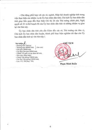 - Chtr d6ng phOi hqrp vli cdc s0, ngdnh, Hiep hQi doanh nghiQp tinh trong
viQc thgc hien c6c nhiQm vu do Uy ban nhdn d6n tinh, Chtr tich Uy ban nhAn ddn
tinh giao 1i6n quan d6n thqc hign Chi thi 26 ctra Thir tu6rng chfnh phtr, Nghi
quy6t sO :5 vd Kti hoach 06 ctra Uy ban nh6n ddn tinh vd nhirng nhiQm vq giao
tpi v[n b6n ndy.
Uy ban nh6n dan tinh y6u cAu Gi5m d6c c6c sd, Thir trucmg c6c dcrn vi,
Cht ticfr Uy ban nhdn d6n huyQn, thanh ph6 thpc hiQn nghiOm chi dpo cua Uy
ban nhffn dAn tinh tpi v5n bin niry.l .
Ncri nhg n L
- lThudng trgc Tinh riY;
- Thudng tryc FDND tinh;
- Cht tich UBND tinh;
(bao c6o)
- Cbc Ph6 Cht tich UBND tinh: .
- UBMT T6 qu6c vd c6c dohn tli6 tinh;
- Nhu tr€n; (thUc hien)
- Ch6nh Vdn phdng UBND tinh;
- Circ Pho Van phong LIBND tinh;
- Luu: VT, TH (Hu.v. TH).
Ph4m Minh Hu6n
6
5X)
r€,
ift
I
 