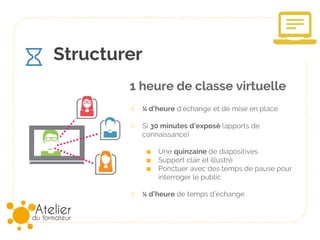 Structurer
1 heure de classe virtuelle
○ ¼ d’heure d’échange et de mise en place
○ Si 30 minutes d’exposé (apports de
connaissance)
■ Une quinzaine de diapositives
■ Support clair et illustré
■ Ponctuer avec des temps de pause pour
interroger le public
○ ¼ d’heure de temps d’échange
 