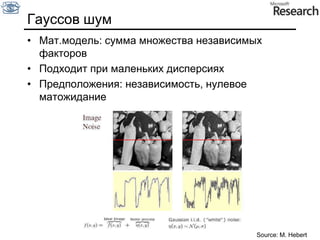СглаживаниеТочка света, наблюдаемая с расфокусированного объектива, выглядит как кружок света, а усреднение дает квадратикДругой способ: взвешивает вклад пикселей по окрестности с учетом близости к центру:“fuzzy blob”Slide by S. Lazebnik