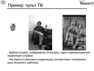 Пример: пульт ТВ Шаблон (слева), изображение (в центре), карта нормализованной корреляции (справа)