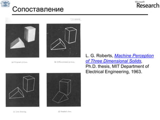 СопоставлениеL. G. Roberts, Machine Perception of Three Dimensional Solids, Ph.D. thesis, MIT Department of Electrical Engineering, 1963.