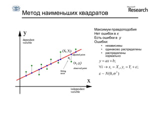 Метод наименьших квадратов

                     Максимум правдоподобия
                     Нет ошибок в x
                     Есть ошибки в y
                     Ошибки:
                        •   независимы
                        •   одинаково распределены
                        •   распределены
                            нормально
                       y  ax  b;
                       i  xi  X i , yi  Yi   ;
                        ~ N ( 0,  2 )
 