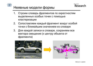 Неявные модели формы
1. Строим словарь фрагментов по окрестностям
   выделенных особых точек с помощью
   кластеризации
2. Сопоставляем каждый фрагмент вокруг особой
   точки с ближайшим значением из словаря
3. Для каждой записи в словаре, сохраняем все
   вектора смещения (к центру объекта от
   фрагмента)




                                           Slide by S. Lazebnik
 