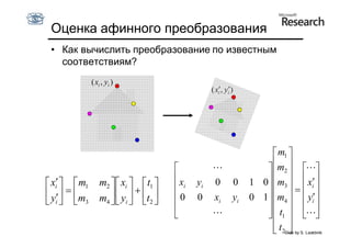 Оценка афинного преобразования
 • Как вычислить преобразование по известным
   соответствиям?
               ( xi , yi )
                                                  ( xi, yi)




                                                                      m1 
                                                                     
                                                                   m2  
                                       x                       1 0  m3   xi 
 xi   m1      m2   xi   t1     i   yi   0 0                  
 y   m            y   t 
                  m4   i   2      0    0    xi yi         0 1 m4   yi 
 i  3
                                                                     
                                                                  t1             
                                                                      
                                                                      t 2Slide by S. Lazebnik
                                                                          
 