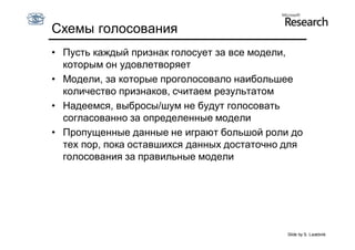 Схемы голосования
• Пусть каждый признак голосует за все модели,
  которым он удовлетворяет
• Модели, за которые проголосовало наибольшее
  количество признаков, считаем результатом
• Надеемся, выбросы/шум не будут голосовать
  согласованно за определенные модели
• Пропущенные данные не играют большой роли до
  тех пор, пока оставшихся данных достаточно для
  голосования за правильные модели




                                             Slide by S. Lazebnik
 