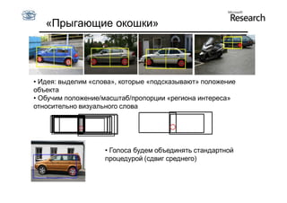«Прыгающие окошки»




• Идея: выделим «слова», которые «подсказывают» положение
объекта
• Обучим положение/масштаб/пропорции «региона интереса»
относительно визуального слова




                    • Голоса будем объединять стандартной
                    процедурой (сдвиг среднего)
 