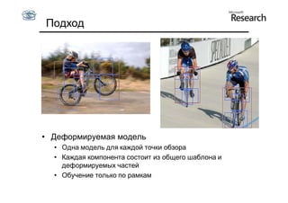 Подход




• Деформируемая модель
  • Одна модель для каждой точки обзора
  • Каждая компонента состоит из общего шаблона и
    деформируемых частей
  • Обучение только по рамкам
 