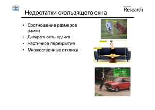 Недостатки скользящего окна

• Соотношение размеров
  рамки
• Дискретность сдвига
• Частичное перекрытие
• Множественные отклики
 