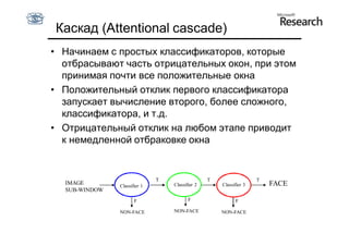 Каскад (Attentional cascade)
• Начинаем с простых классификаторов, которые
  отбрасывают часть отрицательных окон, при этом
  принимая почти все положительные окна
• Положительный отклик первого классификатора
  запускает вычисление второго, более сложного,
  классификатора, и т.д.
• Отрицательный отклик на любом этапе приводит
  к немедленной отбраковке окна


                              T                  T                  T
  IMAGE        Classifier 1       Classifier 2       Classifier 3       FACE
  SUB-WINDOW
                      F                  F                 F

               NON-FACE           NON-FACE           NON-FACE
 