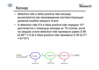 Каскад
• detection rate и false positive rate каскада
  вычисляются как произведение соответствующих
  уровней ошибок каждого этапа
• A detection rate 0.9 и false positive rate порядка 10-6
  достигается с помощью каскада из 10 этапов, если
  на каждом этапе detection rate примерно равен 0.99
  (0.9910 ≈ 0.9) и false positive rate примерно 0.30 (0.310
  ≈ 6×10-6)




                             T                  T                  T
 IMAGE        Classifier 1       Classifier 2       Classifier 3       FACE
 SUB-WINDOW
                     F                  F                  F

              NON-FACE           NON-FACE           NON-FACE
 