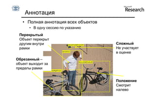 Аннотация
   • Полная аннотация всех объектов
       • В одну сессию по указанию
 Перекрытый
 Объект перекрыт
 другим внутри                        Сложный
 рамки                                Не участвует
                                      в оценке
Обрезанный –
объект выходит за
пределы рамки


                                      Положение
                                      Смотрит
                                      налево
 