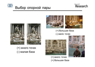 Выбор опорной пары




                         (+) большая база
                         (-) мало точек




(+) много точек
(-) малая база
                     (+) много точек
                     (+) большая база
 