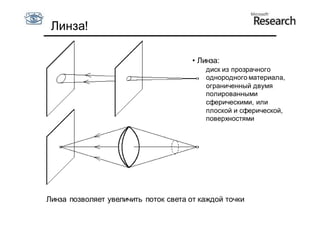 Линза!

                                       • Линза:
                                           диск из прозрачного
                                           однородного материала,
                                           ограниченный двумя
                                           полированными
                                           сферическими, или
                                           плоской и сферической,
                                           поверхностями




Линза позволяет увеличить поток света от каждой точки
 