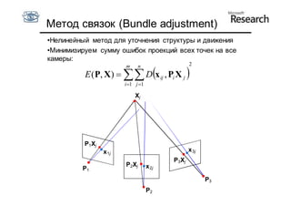Метод связок (Bundle adjustment)
•Нелинейный метод для уточнения структуры и движения
•Минимизируем сумму ошибок проекций всех точек на все
камеры:
                        m      n                  2

          E ( P, X)   Dx ij , Pi X j 
                        i 1 j 1

                            Xj




          P1Xj
                 x 1j                             x 3j
                                           P3Xj
                        P2Xj        x 2j
         P1
                                                         P3
                                    P2
 