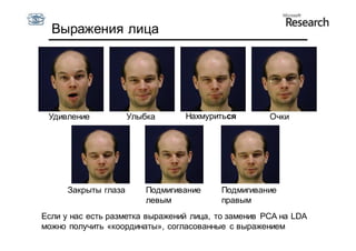 Выражения лица




 Удивление            Улыбка      Нахмуриться        Очки




      Закрыты глаза       Подмигивание    Подмигивание
                          левым           правым
Если у нас есть разметка выражений лица, то заменив PCA на LDA
можно получить «координаты», согласованные с выражением
 