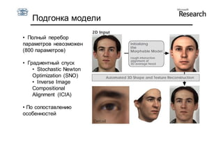 Подгонка модели

• Полный перебор
параметров невозможен
(800 параметров)

• Градиентный спуск
    • Stochastic Newton
    Optimization (SNO)
    • Inverse Image
    Compositional
    Alignment (ICIA)

• По сопоставлению
особенностей
 