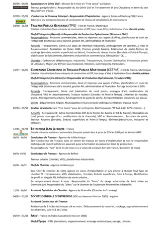06/09 - 09/09 Superviseur en Génie Civil - Mission de 4 mois en "Free Lance" au Gabon
Travaux parapétroliers : Responsable du lot Génie Civil et Terrassement et des Chaussées en terre du site
Maurel Prom d’Onal.
02/09 - 05/09 Conducteur de Travaux Principal - Responsable d’Exploitation - Agence Sobeca d’Herblay (95) France
Sobeca est une entreprise française de construction de réseaux de canalisations de toutes natures.
03/00 - 11/08 TRAVAUX PUBLICS GENERAUX (TPG) - Fort de France, Martinique
Création et direction d’une entreprise de construction et BTP, tous corps d’état, à destination d’une clientèle privée.
Chef d’Entreprise (Gérant) et Responsable de Production Opérationnel (Structure PME)
Responsabilités : Relations commerciales, devis et réponses aux appels d’offres, planification et suivi de
l’intégralité des travaux de la société, gestion RH, administrative et financière.
Activités : Terrassement, Génie Civil (bacs de rétention industriels, aménagement de carrières…) VRD et
Assainissement, Réalisation de Relais GSM, Piscines grands bassins, Réalisation de plates-formes de
stockage (enrobés, enduits superficiels ou béton), Entretien du réseau routier (Enrobés et Point-à-Temps),
Viabilisation de lotissements, Bâtiments industriels et commerciaux, Rénovation TCE, …
Clientèle : Opérateurs téléphoniques, Industriels, Transporteurs, Grande Distribution, Promoteurs privés
et Lotisseurs, Majors du BTP (en sous-traitance), Hôteliers, Commerçants, Particuliers.
10/97 - 06/07 COMPAGNIE CARIBEENNE DE TRAVAUX PUBLICS MARTINIQUE (CCTPM) - Fort de France, Martinique
Création et co-direction d’une entreprise de construction et BTP, tous corps d’état, à destination d’une clientèle publique
Chef d’Entreprise (Co-Gérant) et Responsable de Production Opérationnel (Structure PME)
Responsabilités : Relations commerciales, devis et réponses aux appels d’offres, planification et suivi de
l’intégralité des travaux de la société, gestion RH, administrative et financière. Partage des tâches à 50%.
Activités : Terrassement, Génie civil (réalisation de rond points, ouvrages d’art, amélioration de
chaussée), VRD et Assainissement, Travaux routiers (Enrobés et Point-à-Temps), Entretien de rocades,
Voirie, Aménagements urbains, Aménagement de ports de pêche, Aéroport (Radiers industriels sur pieux).
Clients : Département, Région, Municipalités et leurs services techniques entretien, travaux neufs
07/94 - 09/97 Gestion de chantiers en "Free Lance" pour des entreprises Martiniquaises (TP Sud, ENC, STPC, Cotram …)
Activités : Terrassement, Génie Civil (Centrale EDF de la Pointe des Sables à Fort de France), Réalisation de
rond points, ouvrages d’art, amélioration de la chaussée), VRD et Assainissement, Entretien de voirie,
Travaux Routiers (Enrobés, Enduits superficiels et Point-à-Temps), Bâtiment (rénovation, industriel et
tertiaire).
12/85 - 06/94 ENTREPRISE JEAN LEFEBVRE - France
Grande entreprise routière et autoroutière française, passée dans le giron de GTM en 1986 puis de Vinci en 2000
08/92 - 06/94 Conducteur de Travaux - Agence de la Martinique
Seul Conducteur de Travaux dans ce centre de travaux en cours d’implantation je suis le responsable
technique de toute l’activité en assurant aussi la formation du personnel local de production.
Responsable du "noir" de la fin de mise à 2 x 2 voies de la liaison Fort de France / Lamentin (6 mois)
09/91 -07/92 Conducteur de Travaux - Agence de Belfort
Travaux urbains (Enrobés, VRD), plateformes industrielles.
09/86 - 06/91 Chef de Chantier - Agence de Besançon
Seul Chef de chantier de cette agence en cours d’implantation je suis amené à réaliser tout type de
chantier TP : Terrassement, VRD, Viabilisation, Enrobés, Enduits superficiels, Point à Temps, Modification
de profil en long de RN, Réfection de voirie urbaine…
En remplacement durant 4 mois : Responsable du "blanc" du péage autoroutier de Saint Julien en
Genevoix puis Responsable du "blanc" sur le chantier de l'autoroute Montmélian Albertville.
12/85 - 08/86 Assistant Technicien de Chantier - Agence de Grenoble (Chantier du Tramway)
04/83 - 02/85 SOCIETE GENERALE D’ENTREPRISE (SGE est devenue Vinci en 2000) - Algérie
Assistant Conducteur de Travaux
Réalisation de 5 lycées techniques clé en main : Dédouanement du matériel, stockage, approvisionnement
des chantiers, suivi TCE de 2 sites.
04/79 - 03/83 AREV - France et Arabie Saoudite (6 mois en 1980)
Chef d’Équipe - VRD, plantations, engazonnement, arrosage automatique, pavage, clôtures.
 